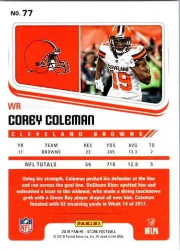 NFL trading card of Corey Coleman with team stats, original gloss, Browns, Simply Sandoval