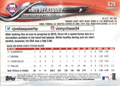 2018 Topps #628 Vince Velasquez NM-MT Phillies ID:21926