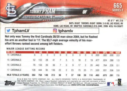 2018 Topps #665 Tommy Pham baseball card featuring original gloss and Cardinals design