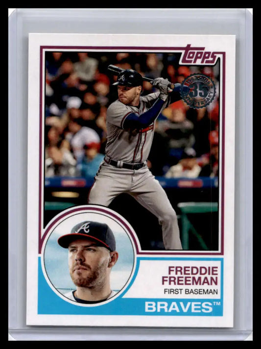 Baseball card of Freddie Freeman in batting and portrait poses for Atlanta Braves