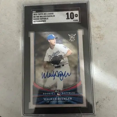 Graded Walker Buehler autographed rookie card from 2018 Topps Big League featuring league rookie autographs