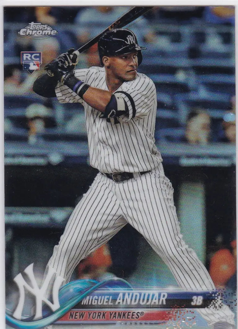 Baseball card of Miguel Andujar in batting stance from 2018 Topps Chrome RC Refractor