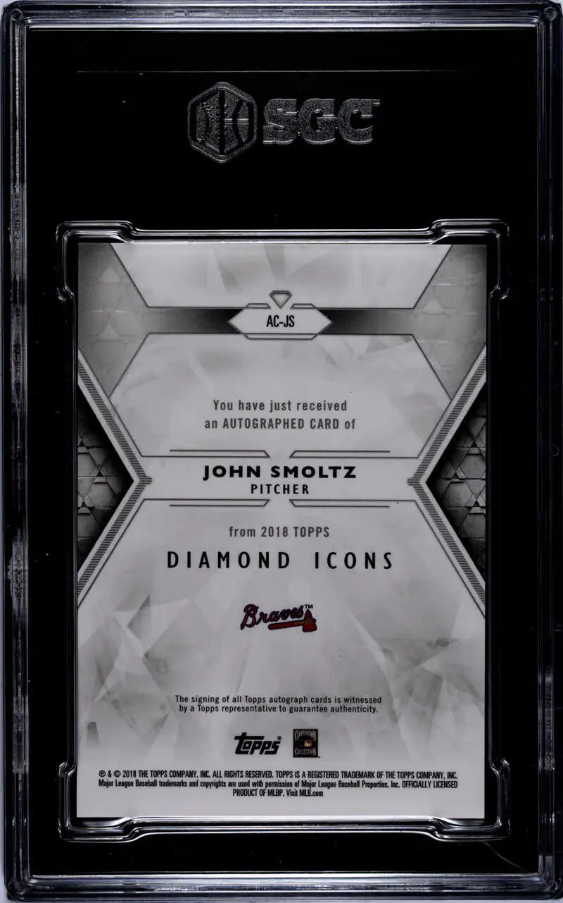 Black and silver John Smoltz baseball card in protective case with Diamond Icons text