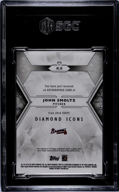 Black and silver John Smoltz baseball card in protective case with Diamond Icons text