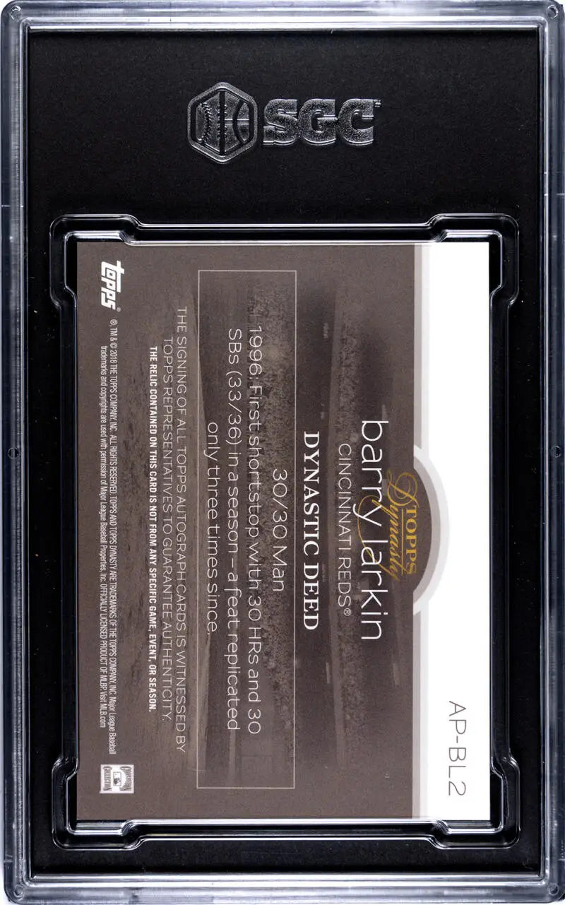 Barry Larkin Cincinnati Reds card in protective case from Topps Dynasty Patches