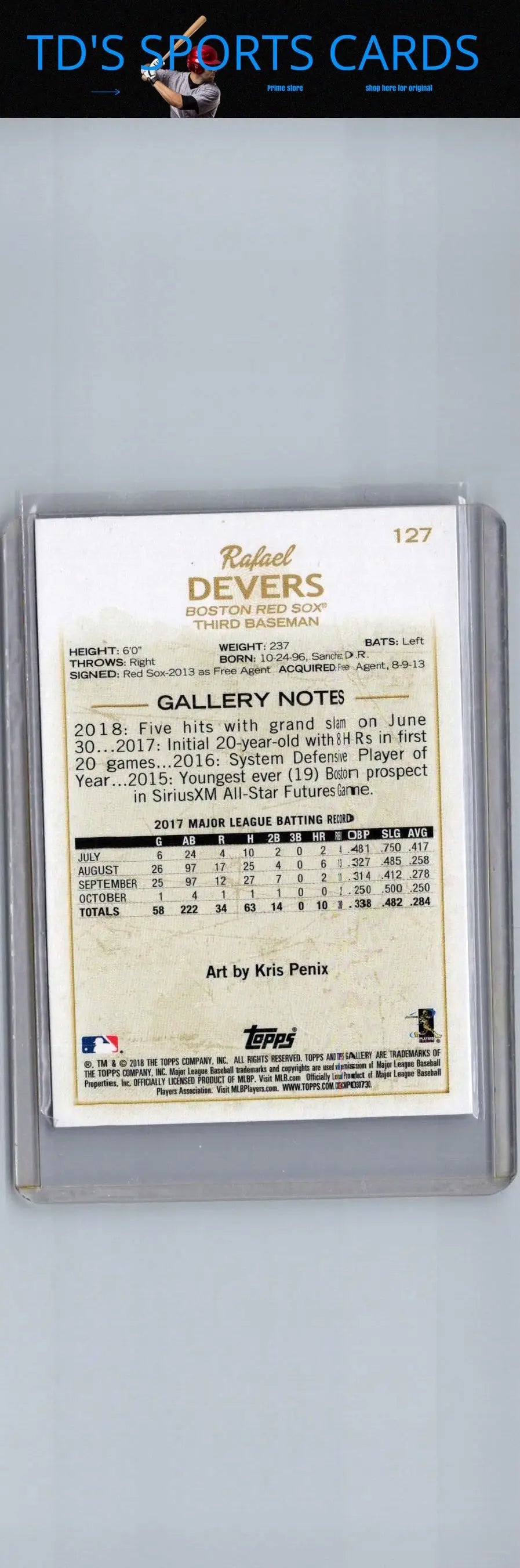 Rafael Devers baseball card from 2018 Topps Gallery series showcasing collectible memorabilia