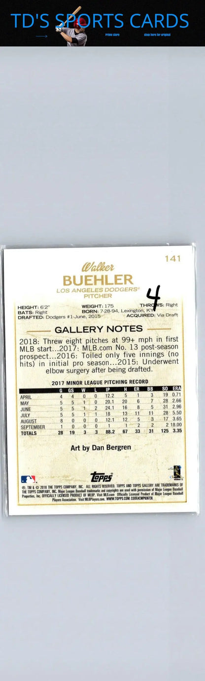 2018 Topps Gallery #141 Walker Buehler trading card showcasing the baseball star