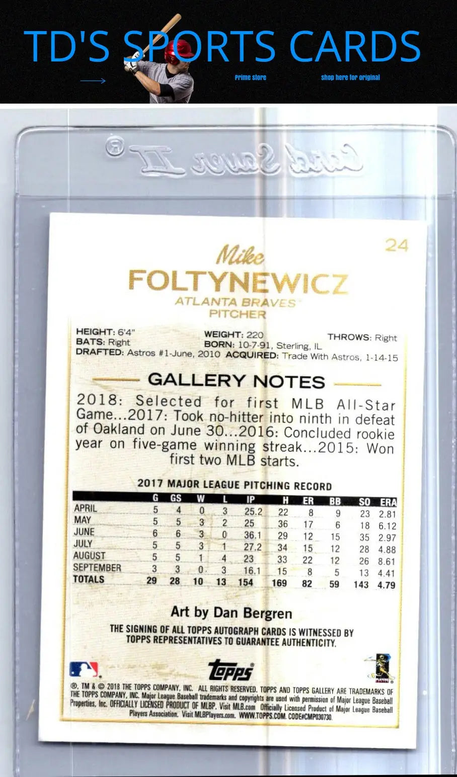 Mike Foltynewicz baseball card from 2018 Topps Gallery featuring autographs