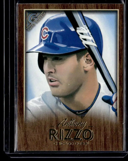 Baseball card of Anthony Rizzo in a blue helmet from 2018 Topps Gallery Wood NM-MT