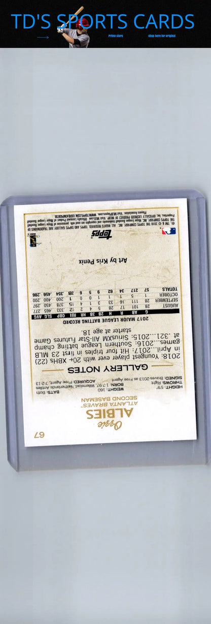 Back of 2018 Topps Gallery Ozzie Albies baseball card showing player stats and info