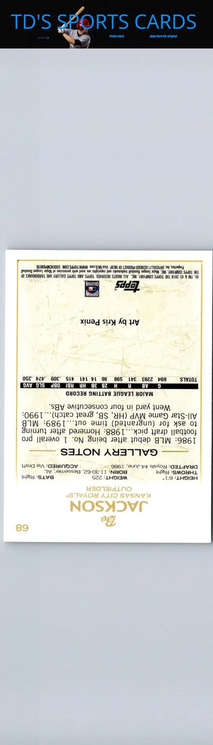Back of 2018 Topps Gallery Bo Jackson baseball card showing player stats and info