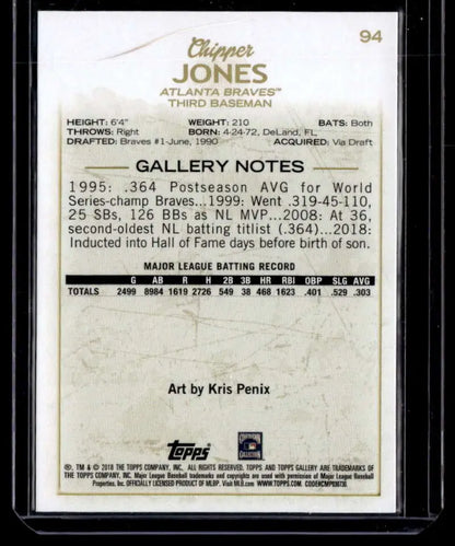 Chipper Jones baseball card showcasing career statistics from 2018 Topps Gallery Wood
