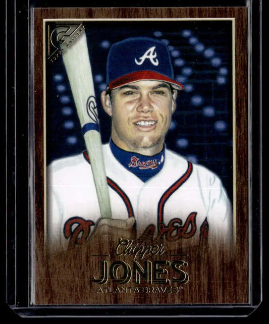 Baseball card featuring Chipper Jones in home uniform, Topps Gallery Wood design