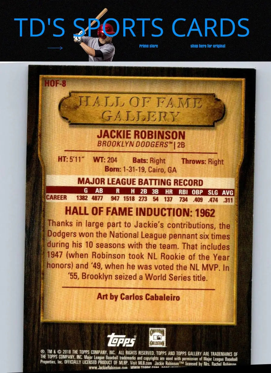 Jackie Robinson baseball card from 2018 Topps Gallery Hall of Fame collection