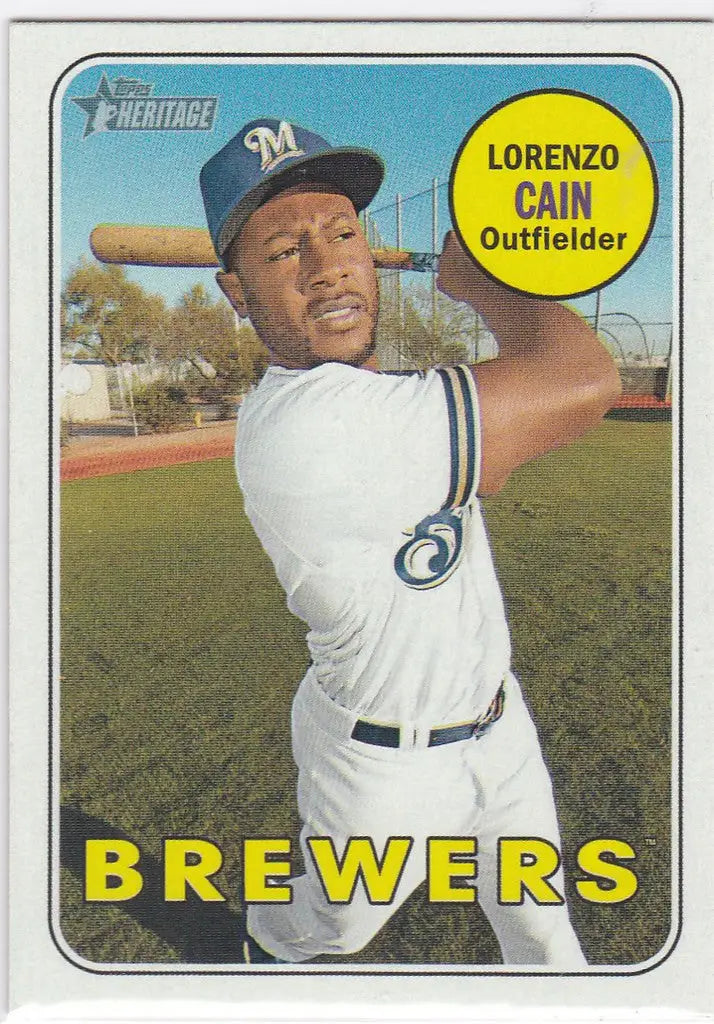 Lorenzo Cain SP Milwaukee Brewers card from 2018 Topps Heritage in batting pose