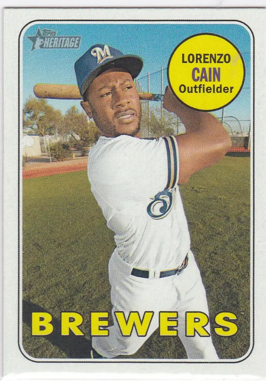 Lorenzo Cain SP Milwaukee Brewers card from 2018 Topps Heritage in batting pose