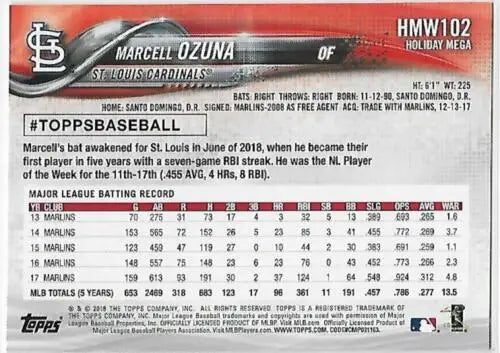 2018 Topps Holiday #HMW102 Marcell Ozuna NM-MT Cardinals baseball card with original gloss
