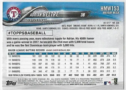 2018 Topps Holiday #HMW153 Adrian Beltre NM-MT Rangers