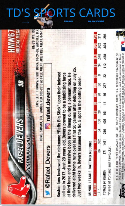 Baseball card back of 2018 Topps Holiday HMW67 Rafael Devers featuring player details