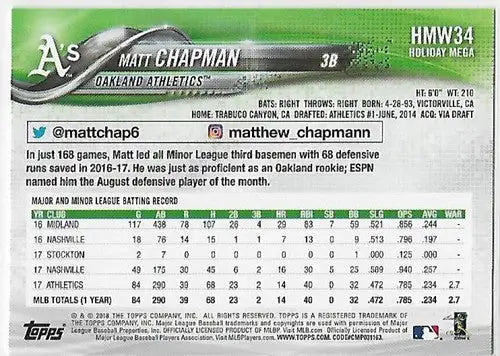 2018 Topps Holiday Snowflake #HMW34 Matt Chapman NM-MT Athletics - Trading Cards