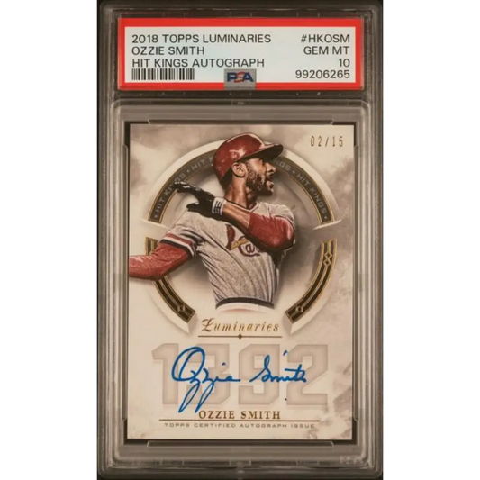 2018 Topps Luminaries Hit Kings #HK-OSM Ozzie Smith PSA 10 GEM MINT Auto 2/15 St. Louis Cardinals Baseball Card