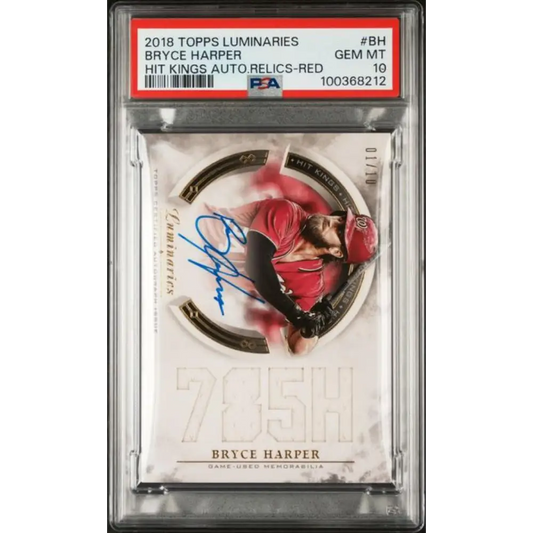 2018 Topps Luminaries Hit Kings Relics Red #HKAR-BH Bryce Harper PSA 10 GEM MINT MEM Auto 1/10 Washington Nationals Baseball Card