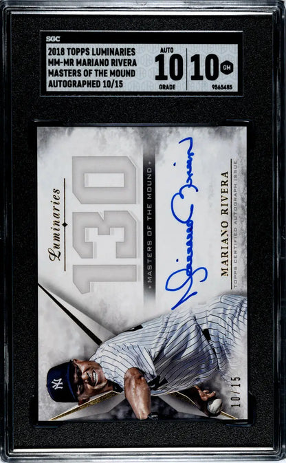 Graded 2018 Topps Luminaries Masters Mariano Rivera Yankees card with auto jersey number 130