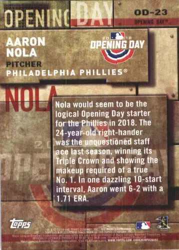 Baseball card back with original gloss from 2018 Topps MLB Opening Day Aaron Nola Phillies