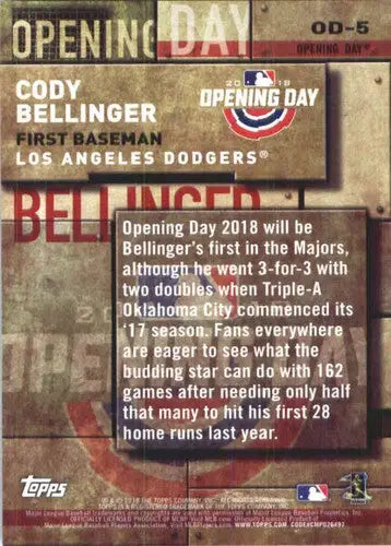 2018 Topps MLB Opening Day #OD-5 Cody Bellinger NM-MT Dodgers - Trading Cards