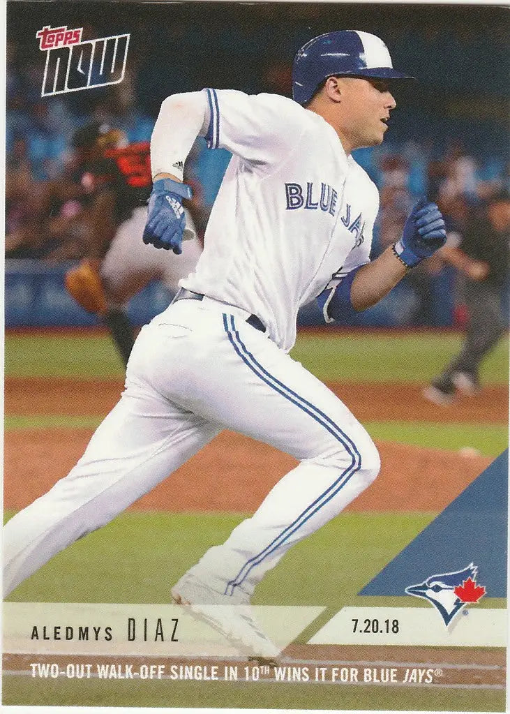 Baseball player Aledmys Diaz in Toronto Blue Jays uniform running after 10th wins two-out walk