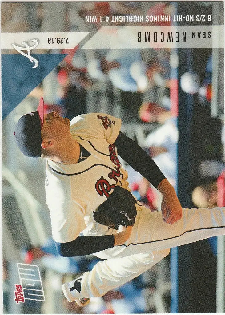 Baseball player mid-pitch in light uniform showcasing Sean Newcomb no-hit innings highlights