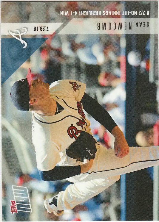 Baseball player mid-pitch in light uniform showcasing Sean Newcomb no-hit innings highlights