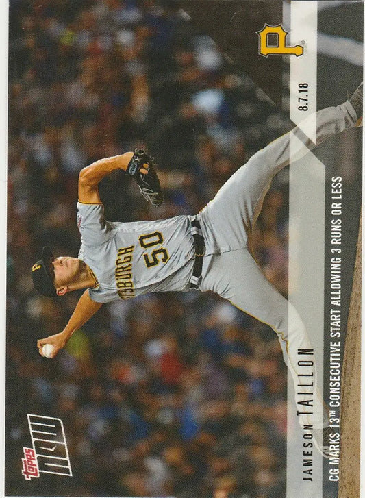 Baseball pitcher in mid-throw, wearing Pittsburgh Pirates uniform, marks 13th start