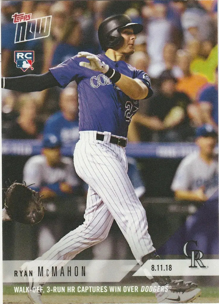 Baseball player in Colorado Rockies uniform swinging bat to capture win over Dodgers Ryan McMahon