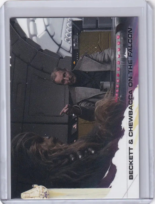 Trading card of Beckett and Chewbacca in a spaceship from Star Wars Story