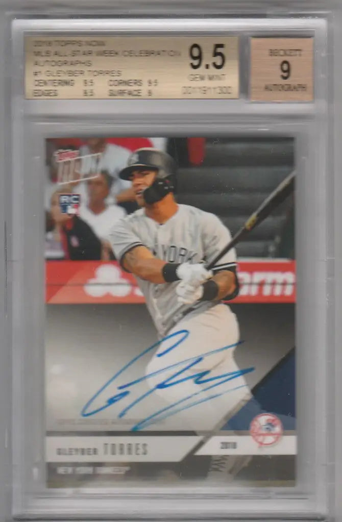Graded Gleyber Torres Auto RC Beckett 9.5 baseball card in Yankees uniform, encased