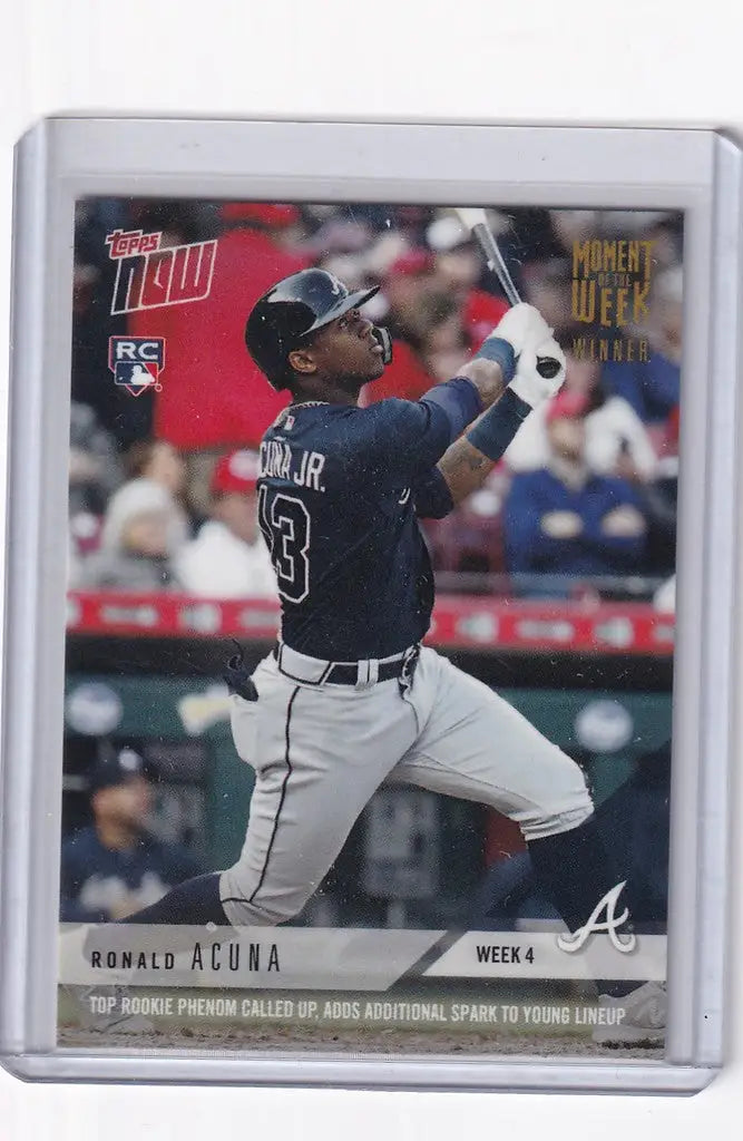 Baseball trading card of Ronald Acuna Atlanta Braves mid-swing MOW-4W
