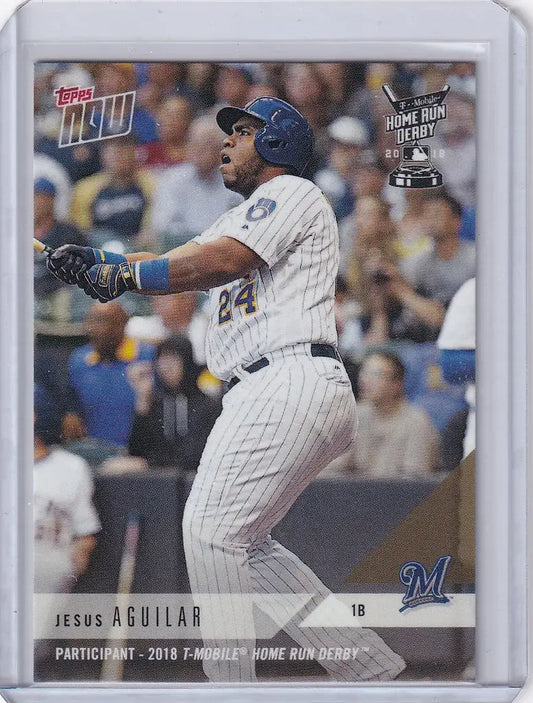 Baseball card of Jesus Aguilar in mid-swing from T-Mobile Home Run Derby 2018