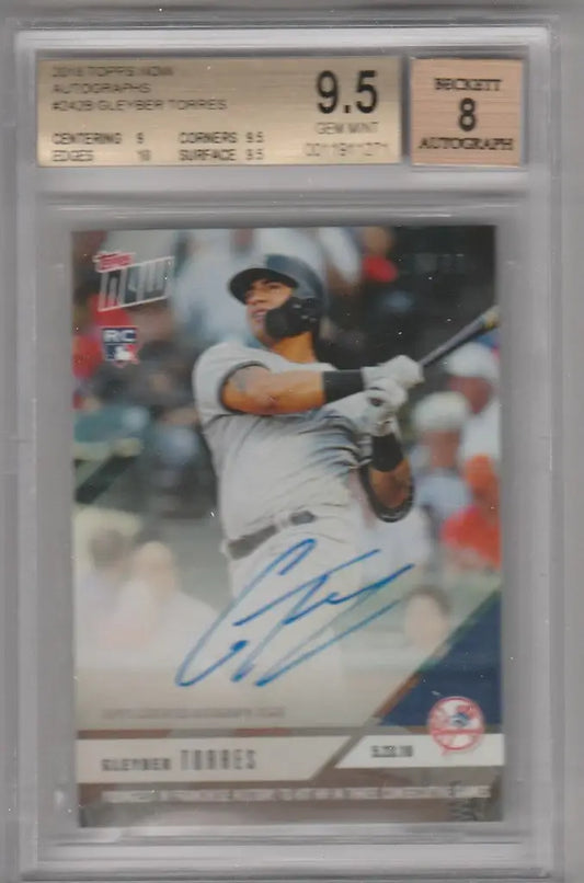 Graded Gleyber Torres Auto baseball card in holder, Yankees Autograph Beckett 9.5