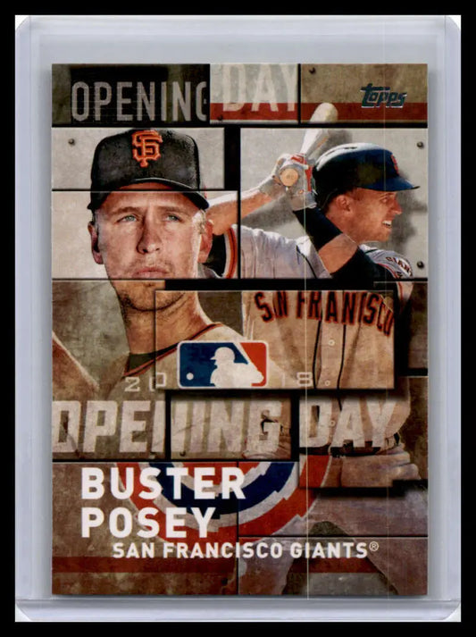 Baseball card featuring Buster Posey and San Francisco Giants Opening Day artwork