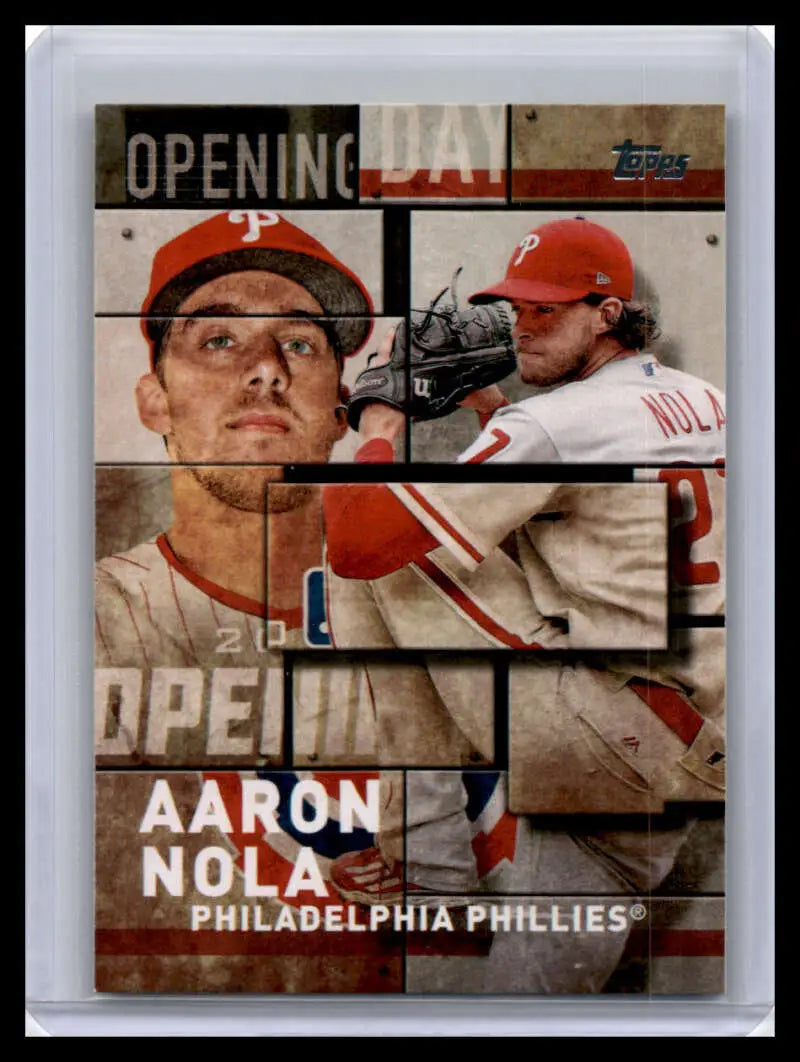 Baseball card of Aaron Nola in action for the Philadelphia Phillies in red uniform
