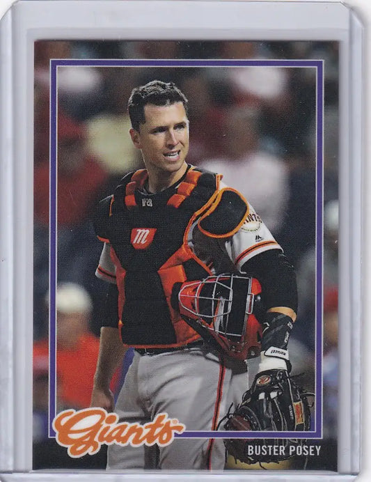 Baseball card of Buster Posey, San Francisco Giants catcher in uniform with mask