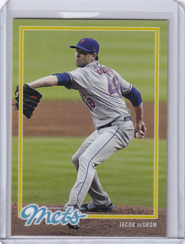 Jacob deGrom in mid-throwing motion on a New York Mets trading card