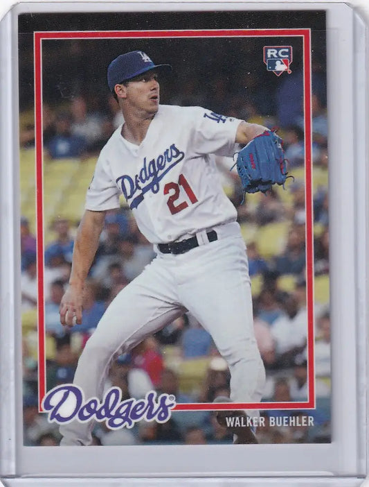 Baseball card of Walker Buehler pitching for the Los Angeles Dodgers on the mound