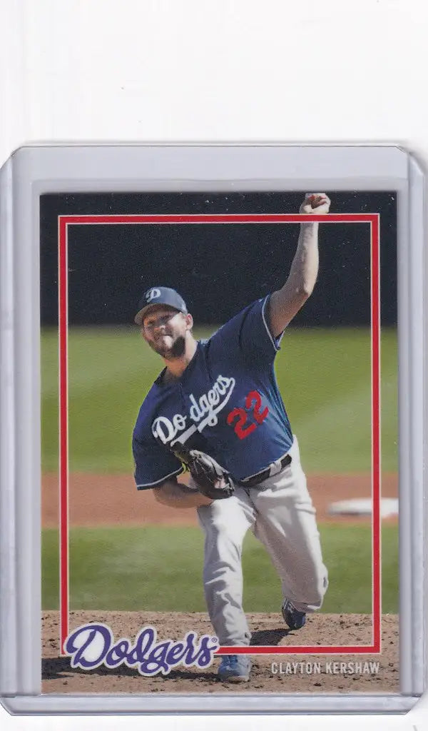 Baseball card of Clayton Kershaw mid-throw for Los Angeles Dodgers on the mound
