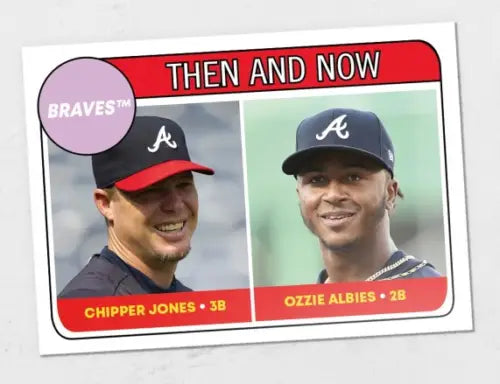 Baseball card of Chipper Jones Braves and Ozzie Albies in Topps TBT rookie stars design