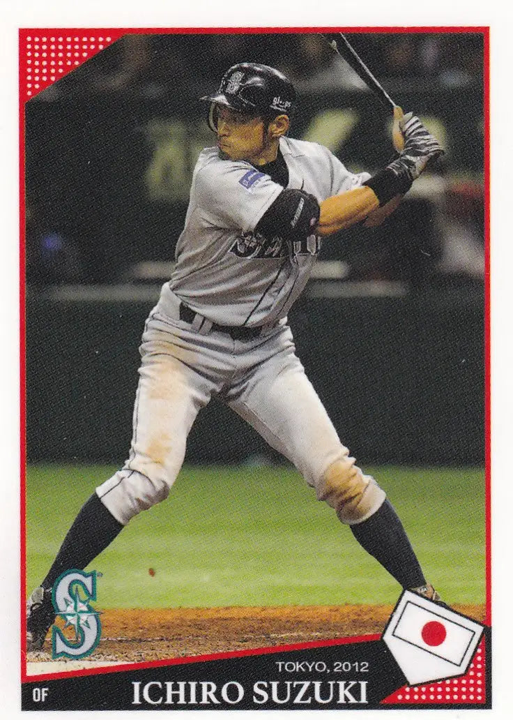 Baseball player in batting stance wearing Seattle Mariners uniform, Ichiro Suzuki Topps Throwback Thursday