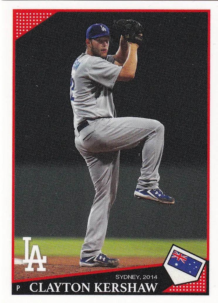 Baseball player Clayton Kershaw mid-pitch in gray uniform on Topps Throwback Thursday card