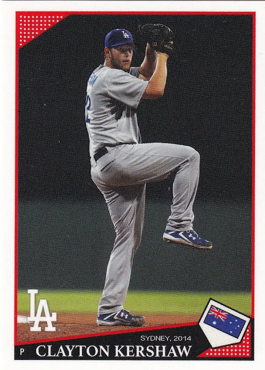 Baseball player Clayton Kershaw mid-pitch in gray uniform on Topps Throwback Thursday card