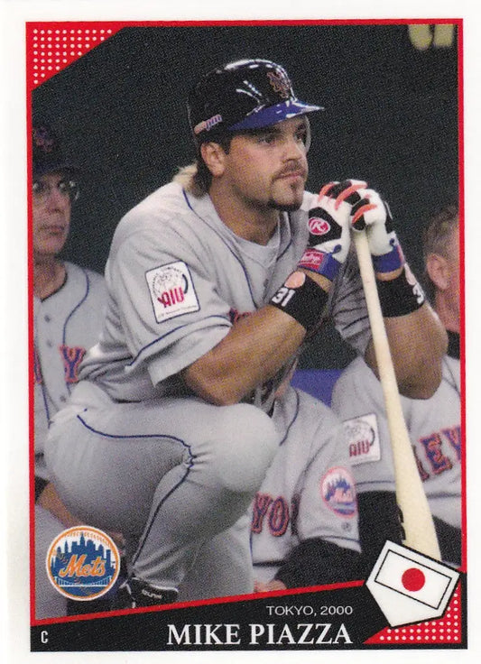 Baseball card of Mike Piazza in gray New York Mets uniform for Topps Throwback Thursday